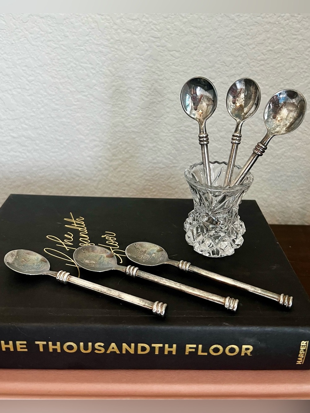 Vintage EP Zinc Italy Silverplate Demitasse Spoons Set of 6 with Crystal Holder